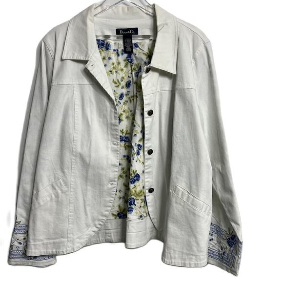 Denim & Co Jackets & Blazers - Denim & Co Jean Jacket Womens White Embroidered Sleeve Lined Pockets XL